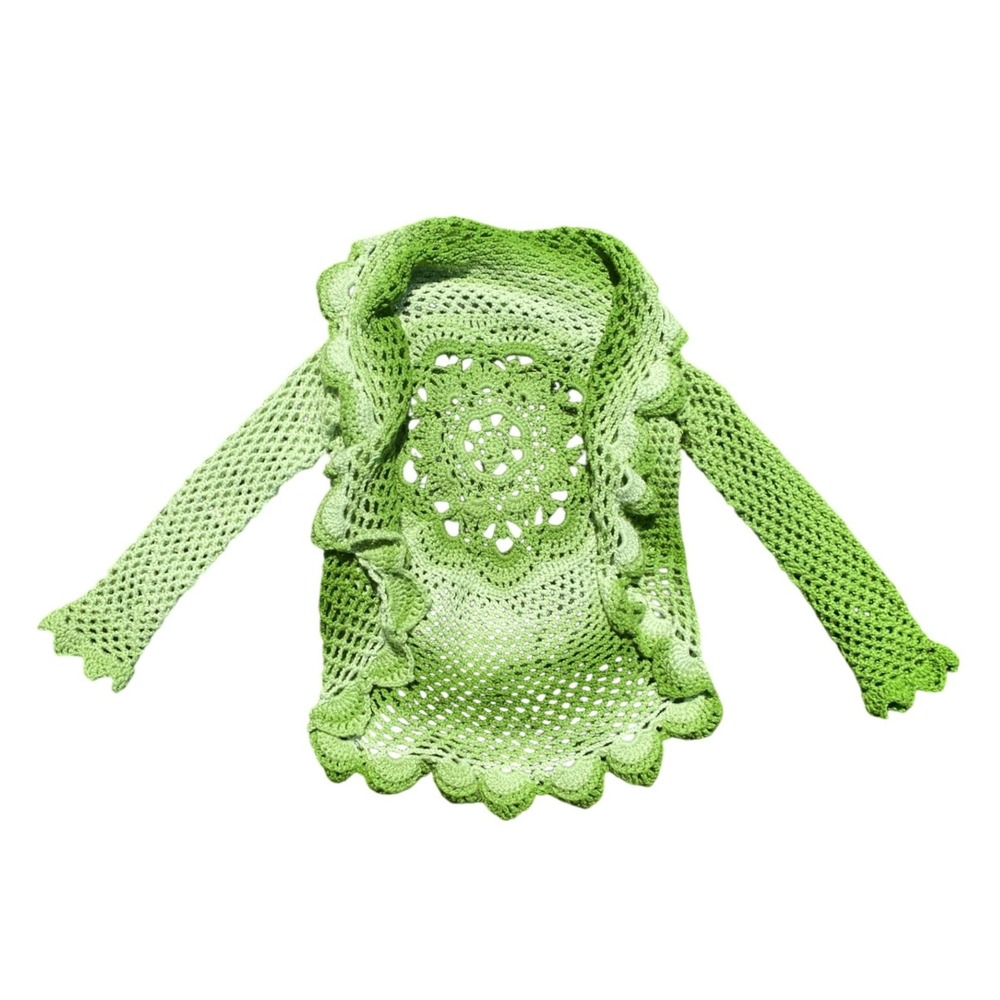 Handmade Crochet Cardigan Sweater Green Boho Ruffle Small Goblincore Fairycore